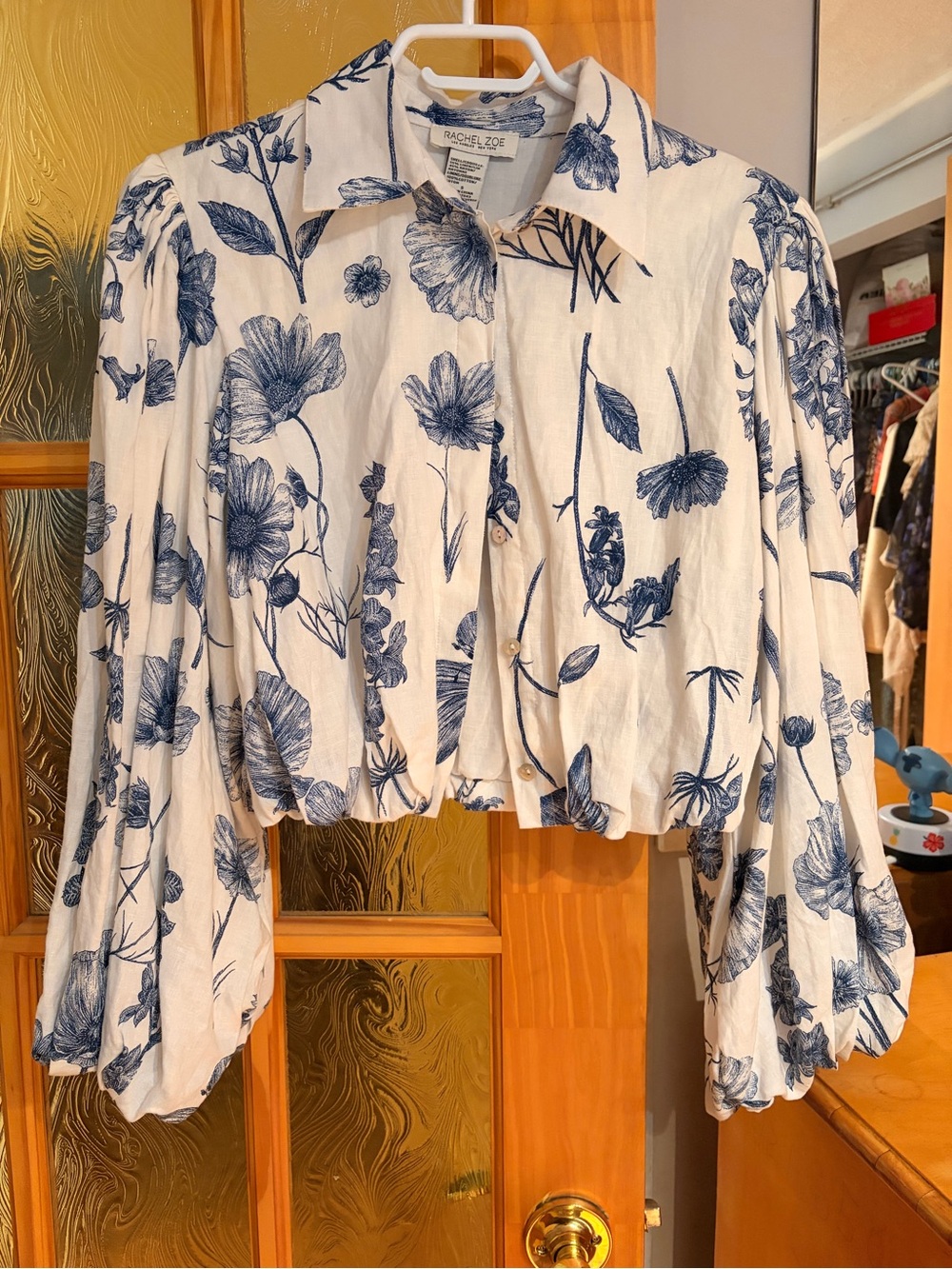 Rachel Zoe White Blouse with Blue Floral Print